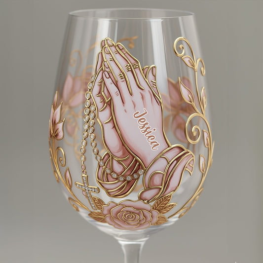Praying Hands - Personalized Christian Wine Glass With Long Stem