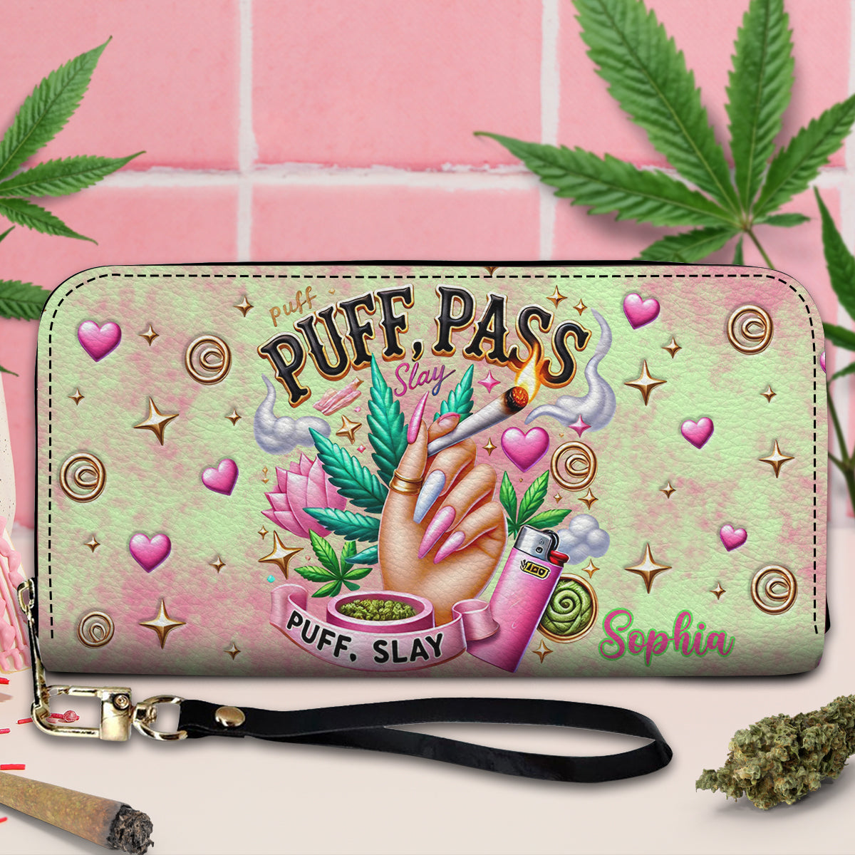 Stoner Chic – Personalisierte lange Geldbörse aus Leder mit Weed-Motiv