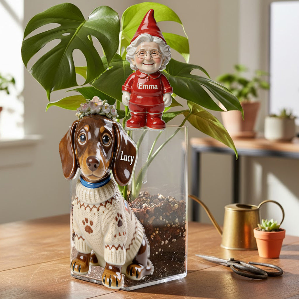 Individuell gestaltbarer Acryl-Blumentopf mit Hundemotiv und Pfahl – Foto nach Wunsch.