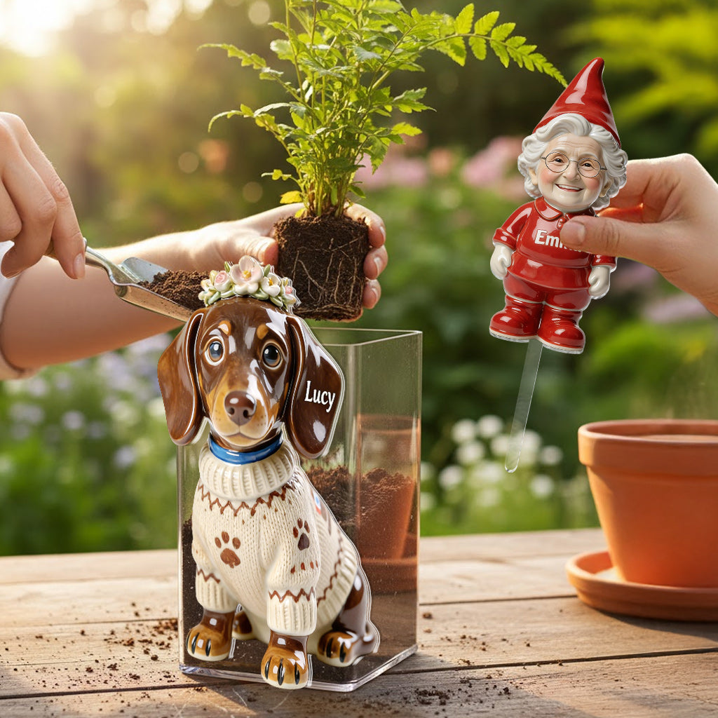Individuell gestaltbarer Acryl-Blumentopf mit Hundemotiv und Pfahl – Foto nach Wunsch.