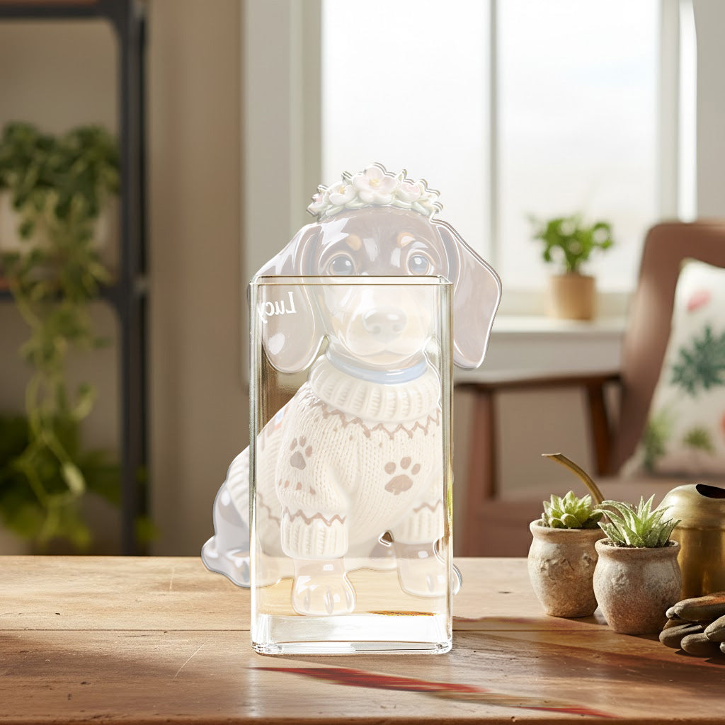 Individuell gestaltbarer Acryl-Blumentopf mit Hundemotiv und Pfahl – Foto nach Wunsch.