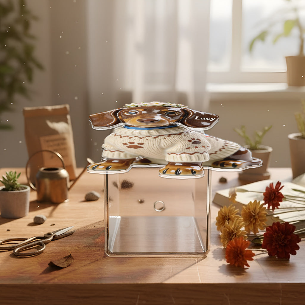 Individuell gestaltbarer Acryl-Blumentopf mit Hundemotiv und Pfahl – Foto nach Wunsch.