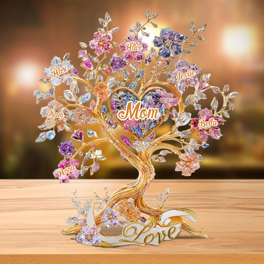 Love Mom - Tree Hearts And Flower - Personalized Mother Custom Shaped Acrylic Plaque