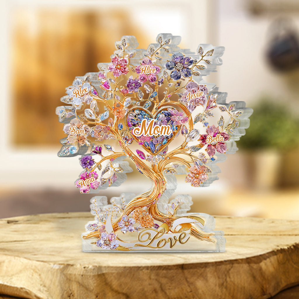Love Mom - Tree Hearts And Flower - Personalized Mother Custom Shaped Acrylic Plaque
