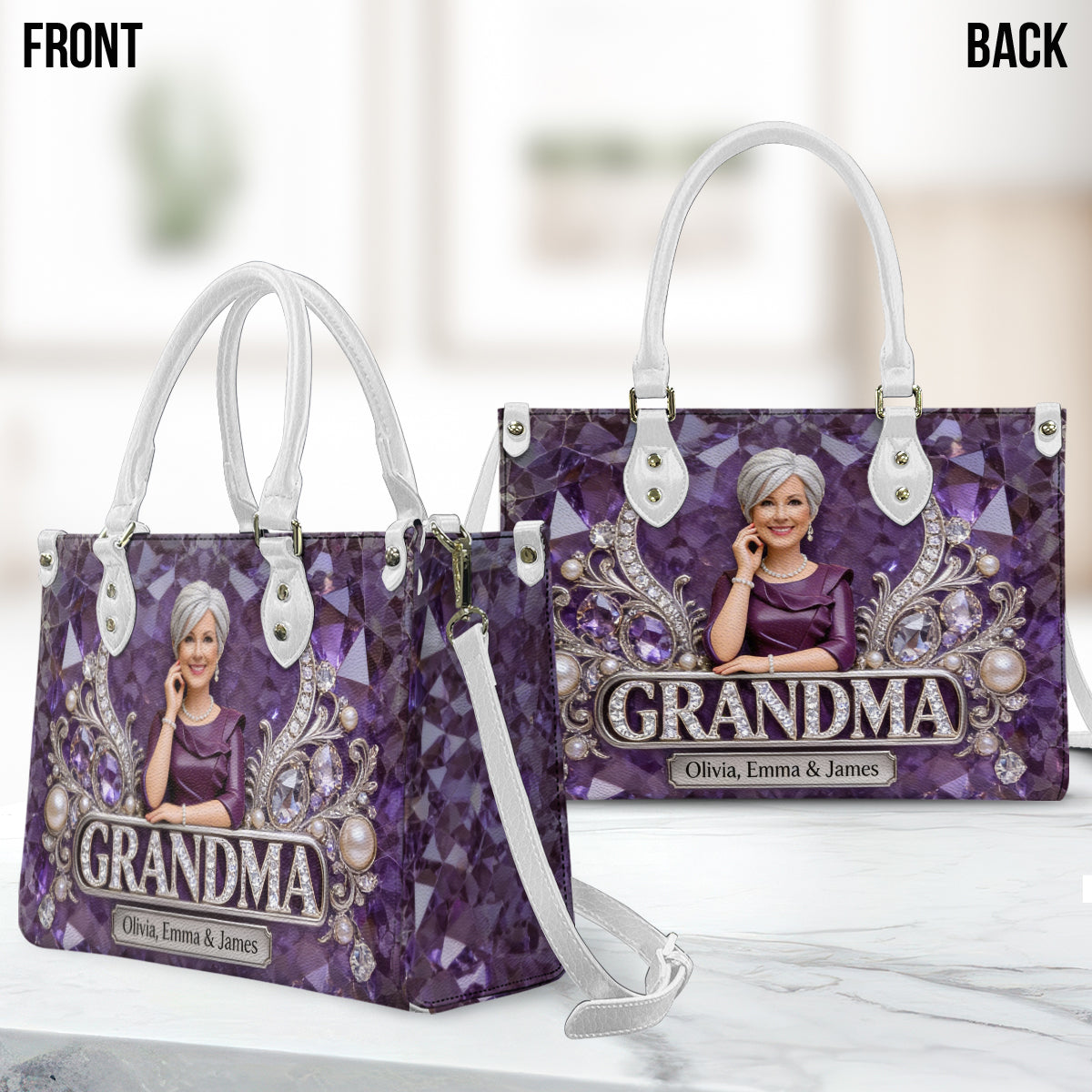 Custom Any Photo Gift For Mom/Grandma - Personalized Mother Leather Handbag