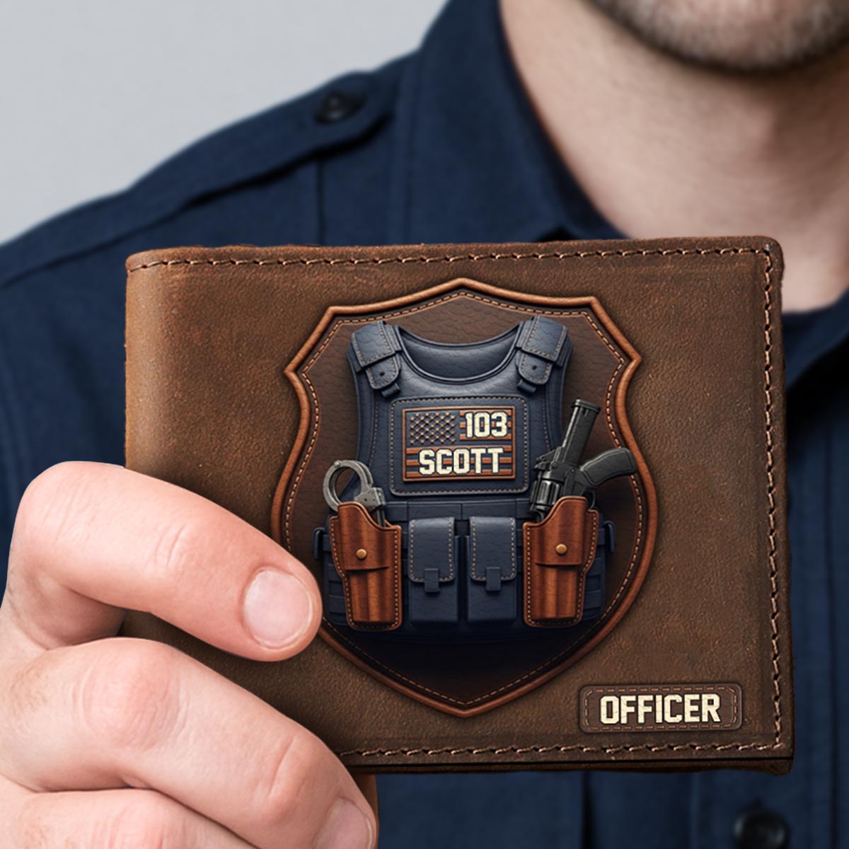 Taktische kugelsichere Weste für die Polizei – personalisierte Ledergeldbörse für Polizeibeamte