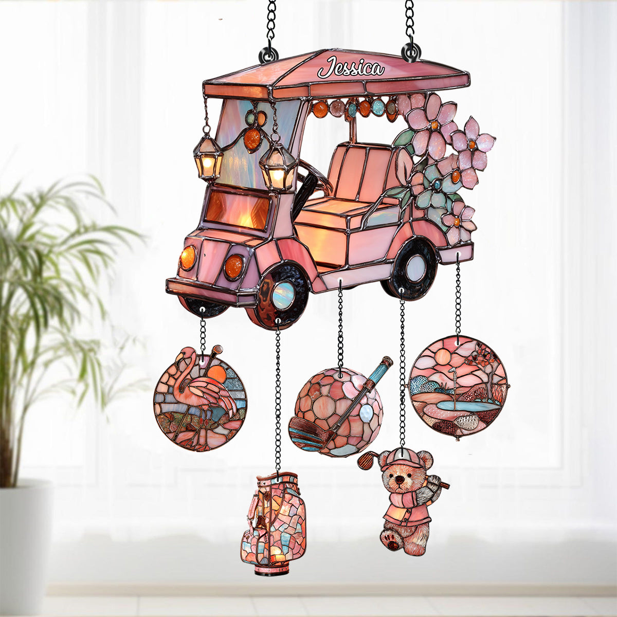 Golf Cart - Personalized Golf Window Hanging Suncatcher With Charms