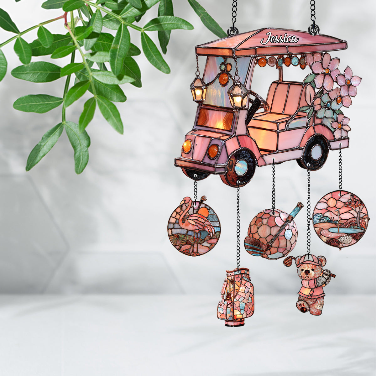 Golf Cart - Personalized Golf Window Hanging Suncatcher With Charms