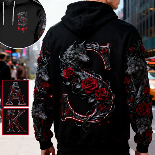 Loup et roses, personnalisation initiale - T-shirt personnalisé avec loup intégral