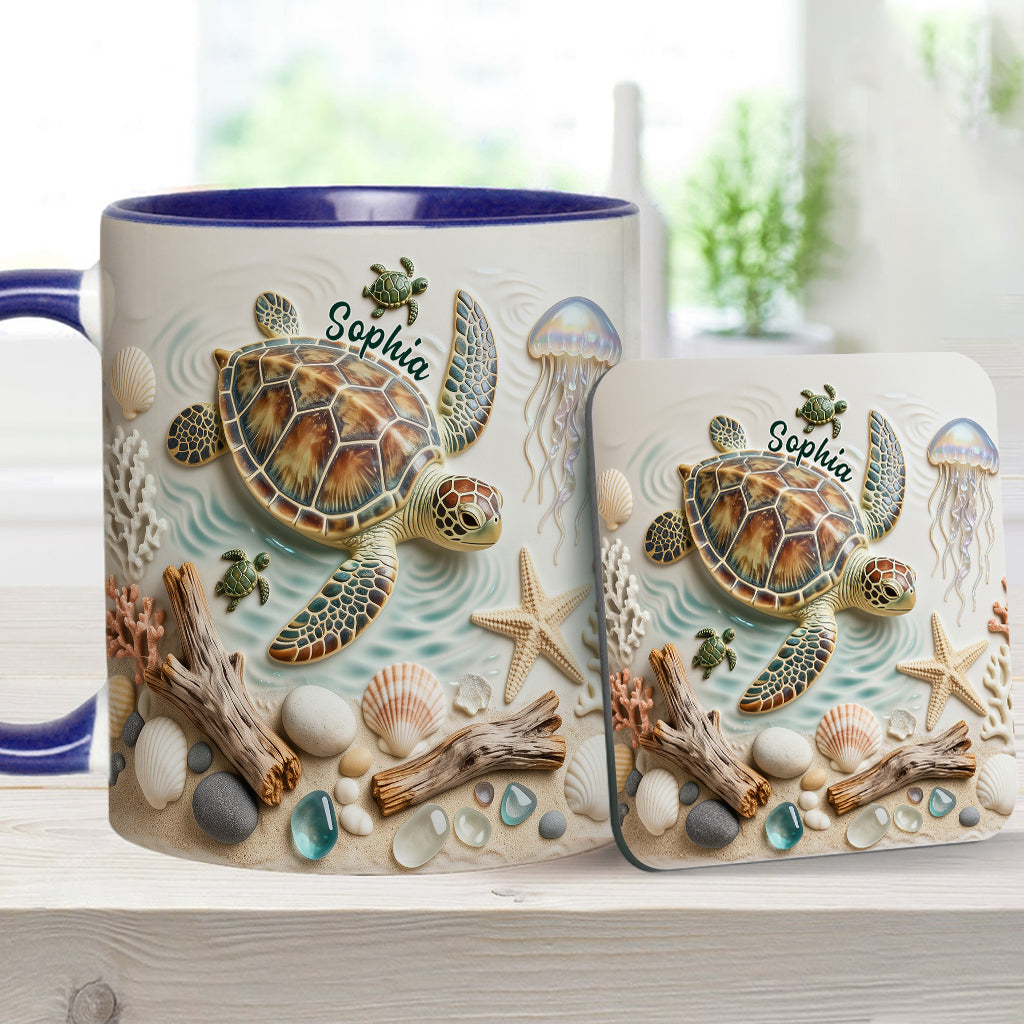 Ich liebe Schildkröten – Personalisierte Tasse und Untersetzer mit Schildkrötenmotiv