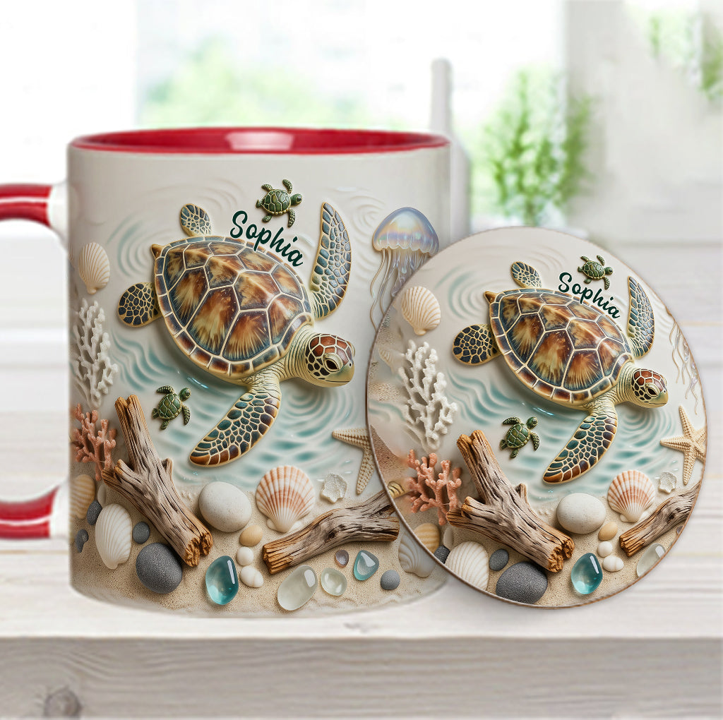 Ich liebe Schildkröten – Personalisierte Tasse und Untersetzer mit Schildkrötenmotiv