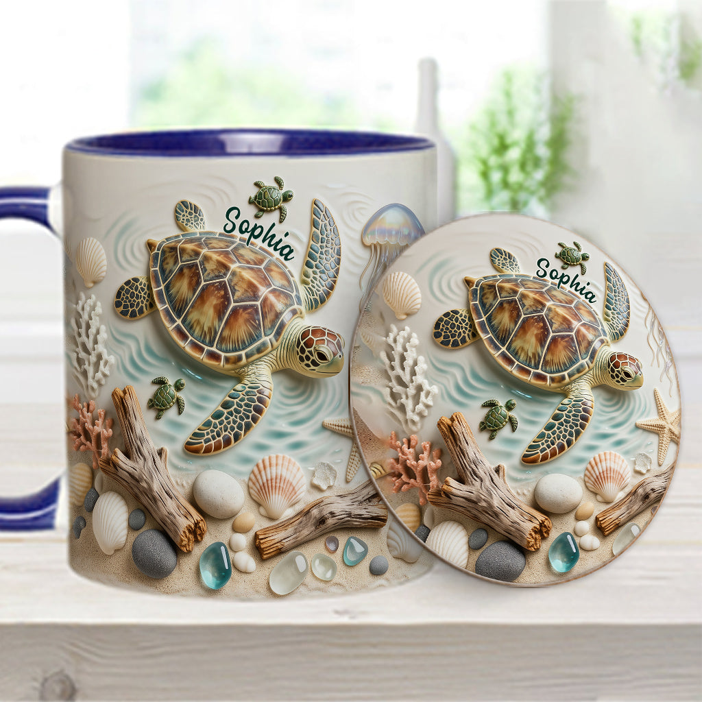 Ich liebe Schildkröten – Personalisierte Tasse und Untersetzer mit Schildkrötenmotiv
