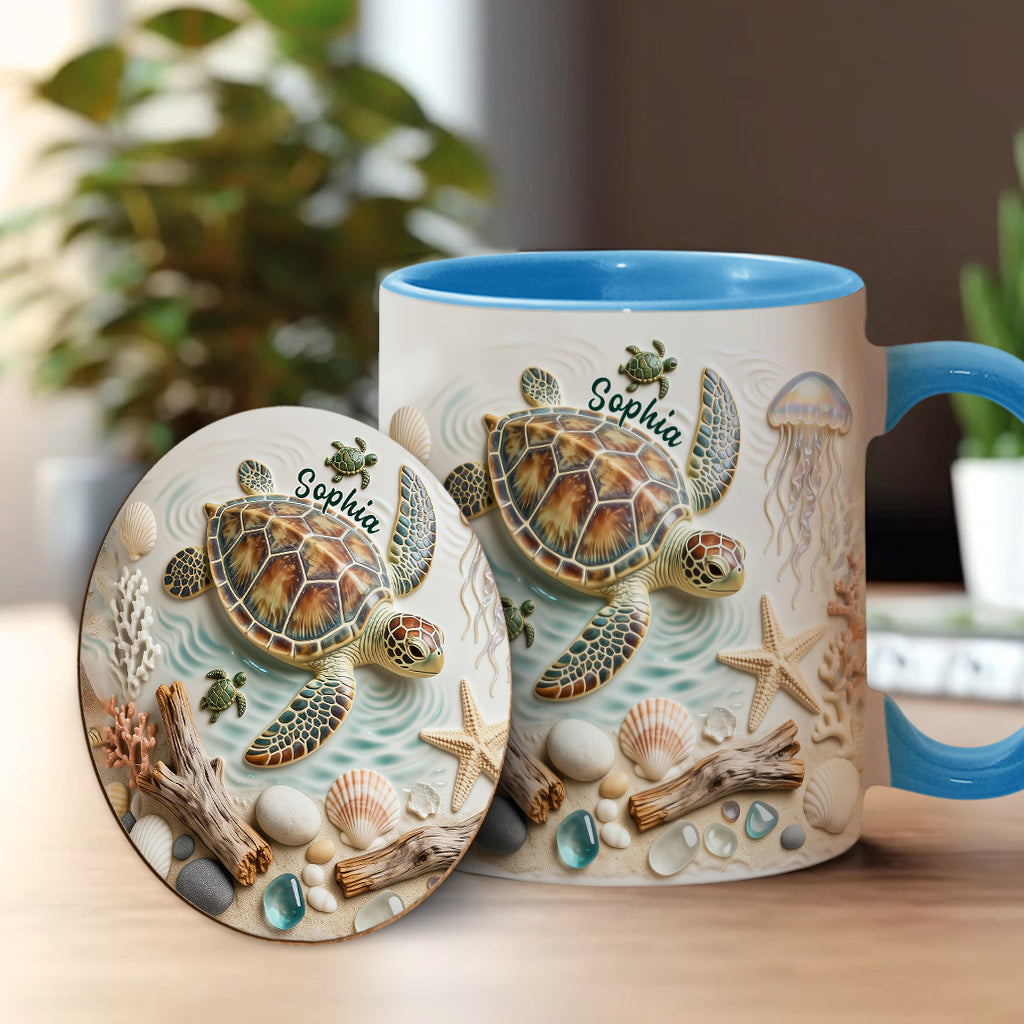 Ich liebe Schildkröten – Personalisierte Tasse und Untersetzer mit Schildkrötenmotiv