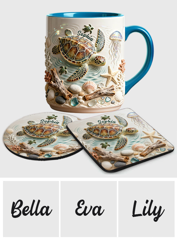 Ich liebe Schildkröten – Personalisierte Tasse und Untersetzer mit Schildkrötenmotiv