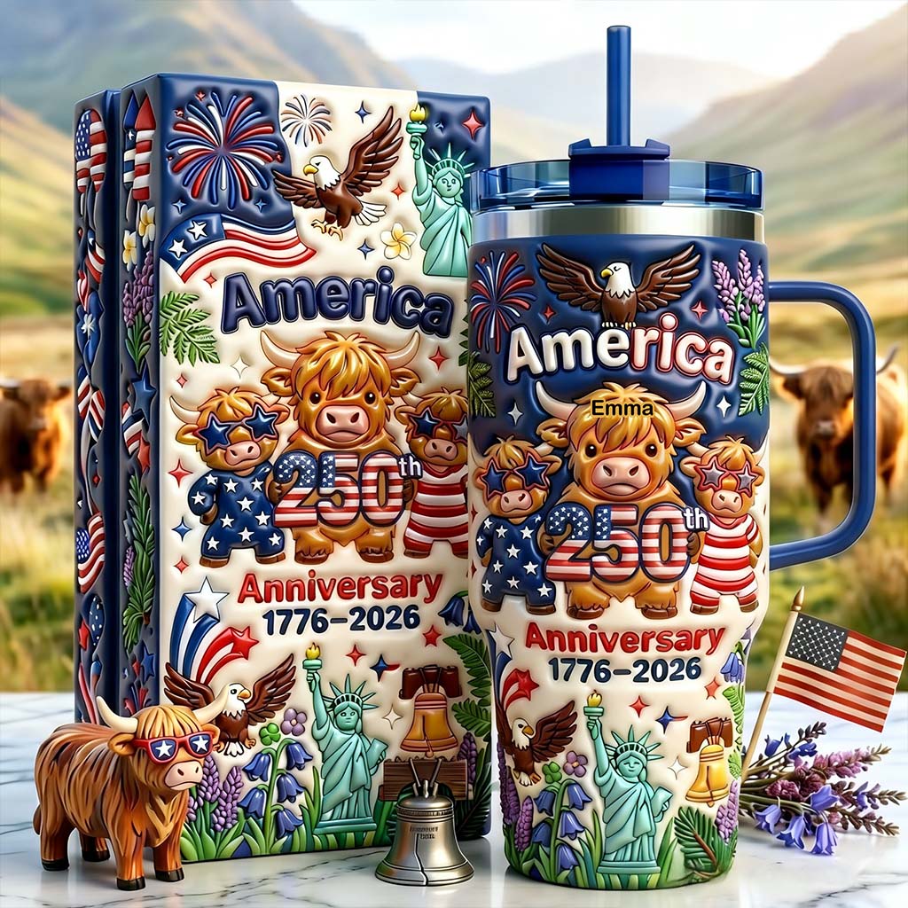 Niedliche Highland Cow Amerika 250. Jubiläum - Personalisierter Highland Cow Becher mit Griff