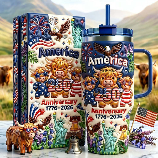 Niedliche Highland Cow Amerika 250. Jubiläum - Personalisierter Highland Cow Becher mit Griff