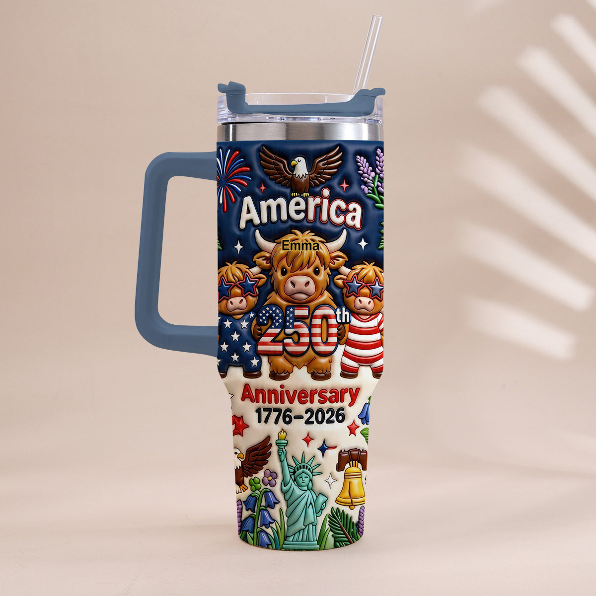 Niedliche Highland Cow Amerika 250. Jubiläum - Personalisierter Highland Cow Becher mit Griff