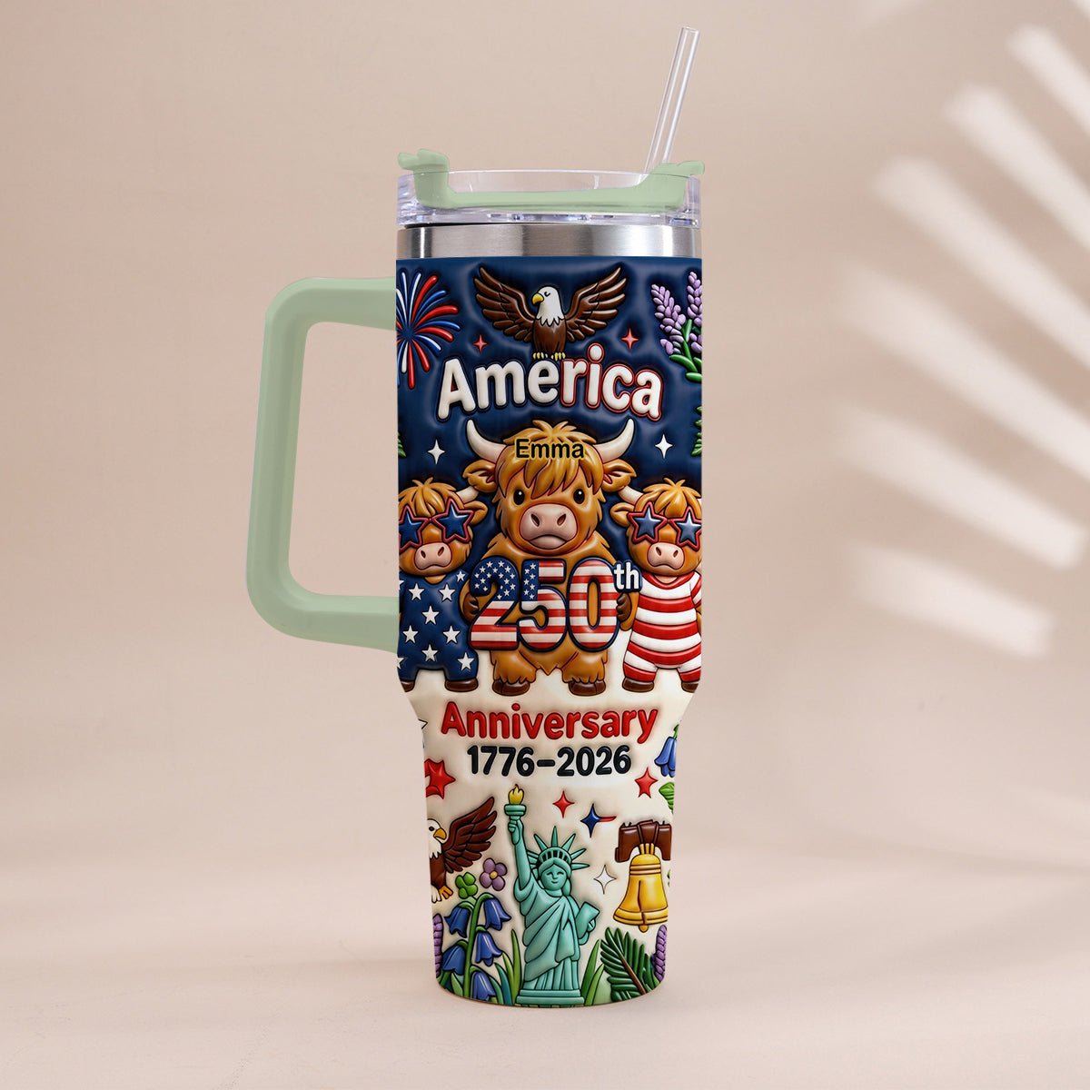 Niedliche Highland Cow Amerika 250. Jubiläum - Personalisierter Highland Cow Becher mit Griff