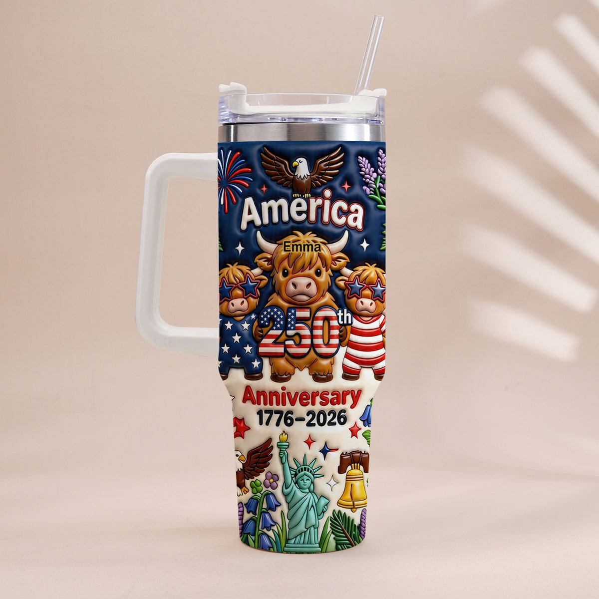 Niedliche Highland Cow Amerika 250. Jubiläum - Personalisierter Highland Cow Becher mit Griff