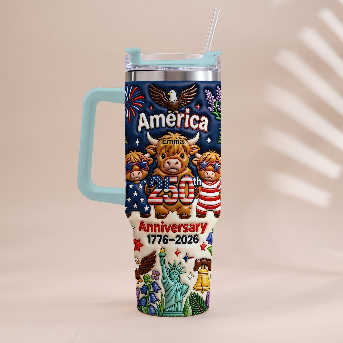 Niedliche Highland Cow Amerika 250. Jubiläum - Personalisierter Highland Cow Becher mit Griff