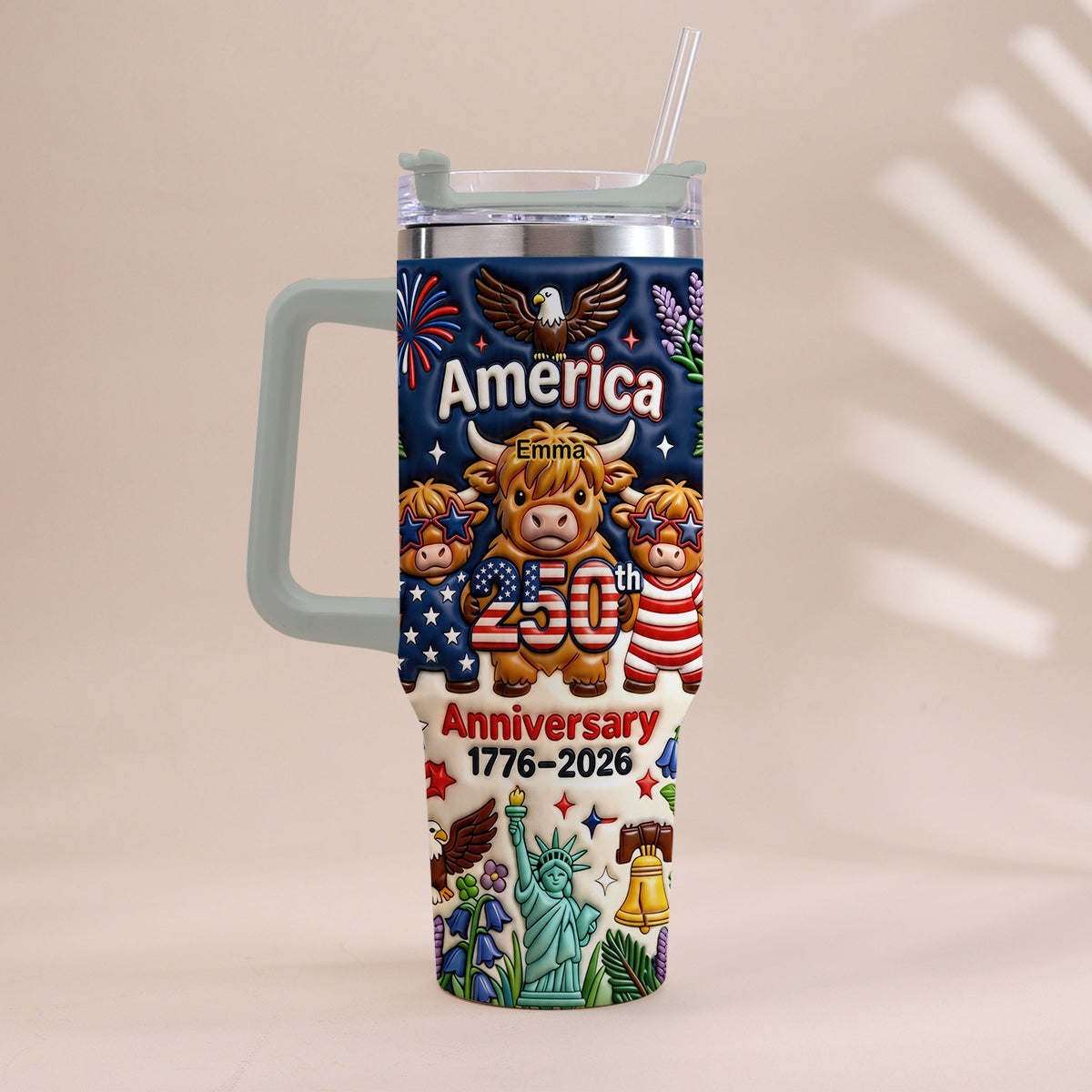 Niedliche Highland Cow Amerika 250. Jubiläum - Personalisierter Highland Cow Becher mit Griff