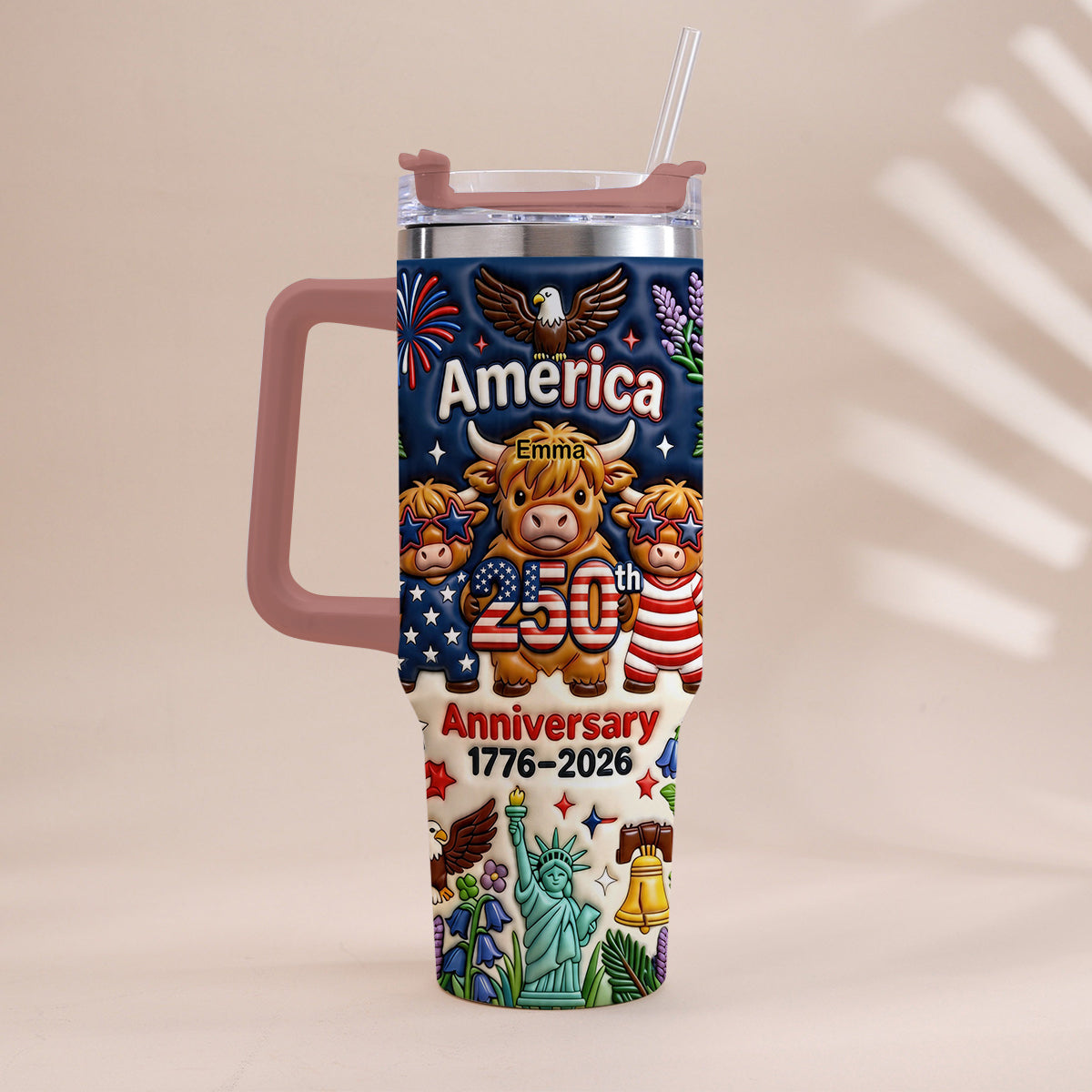 Niedliche Highland Cow Amerika 250. Jubiläum - Personalisierter Highland Cow Becher mit Griff