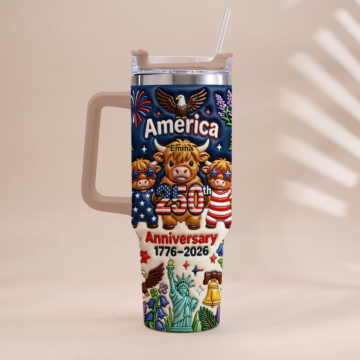 Niedliche Highland Cow Amerika 250. Jubiläum - Personalisierter Highland Cow Becher mit Griff