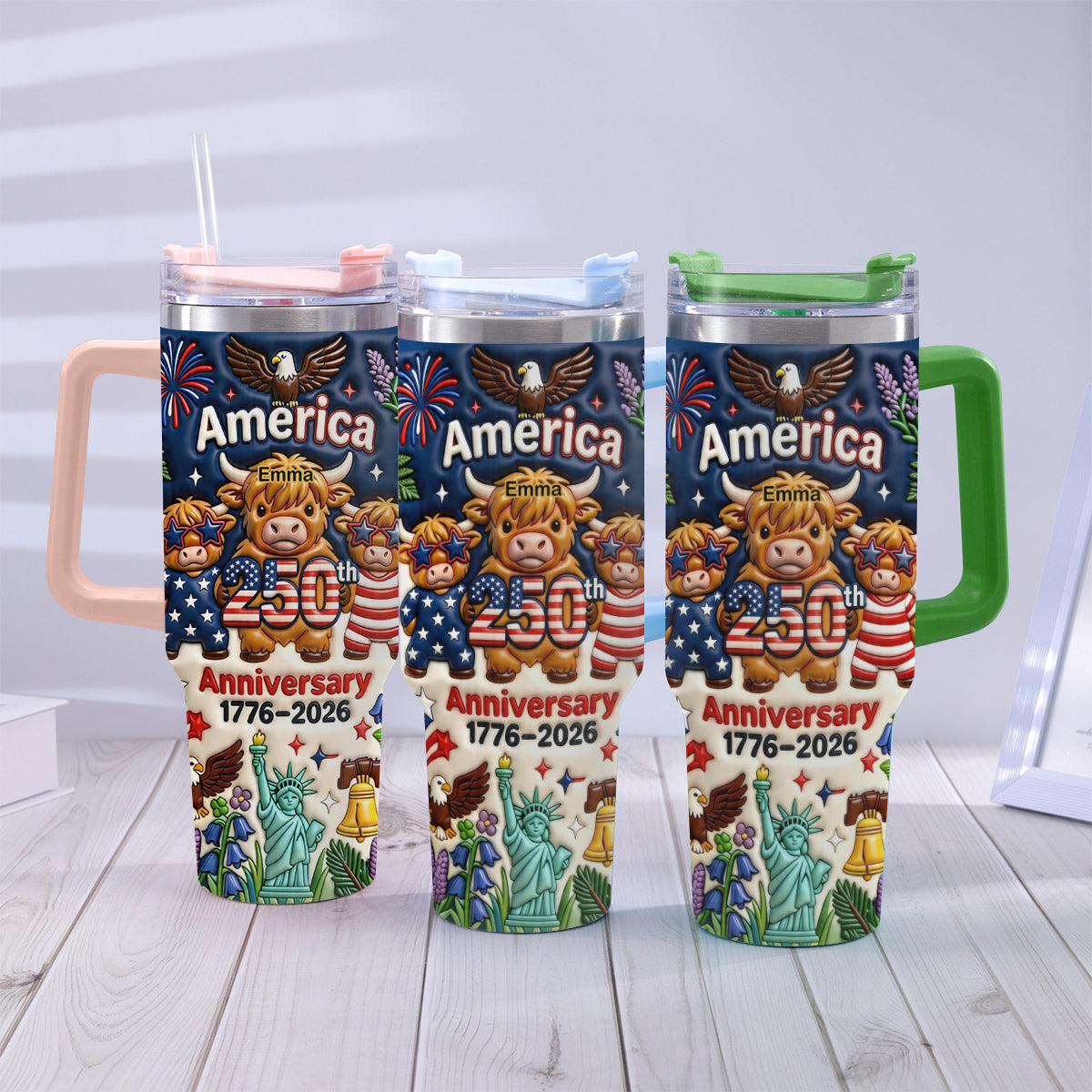 Niedliche Highland Cow Amerika 250. Jubiläum - Personalisierter Highland Cow Becher mit Griff
