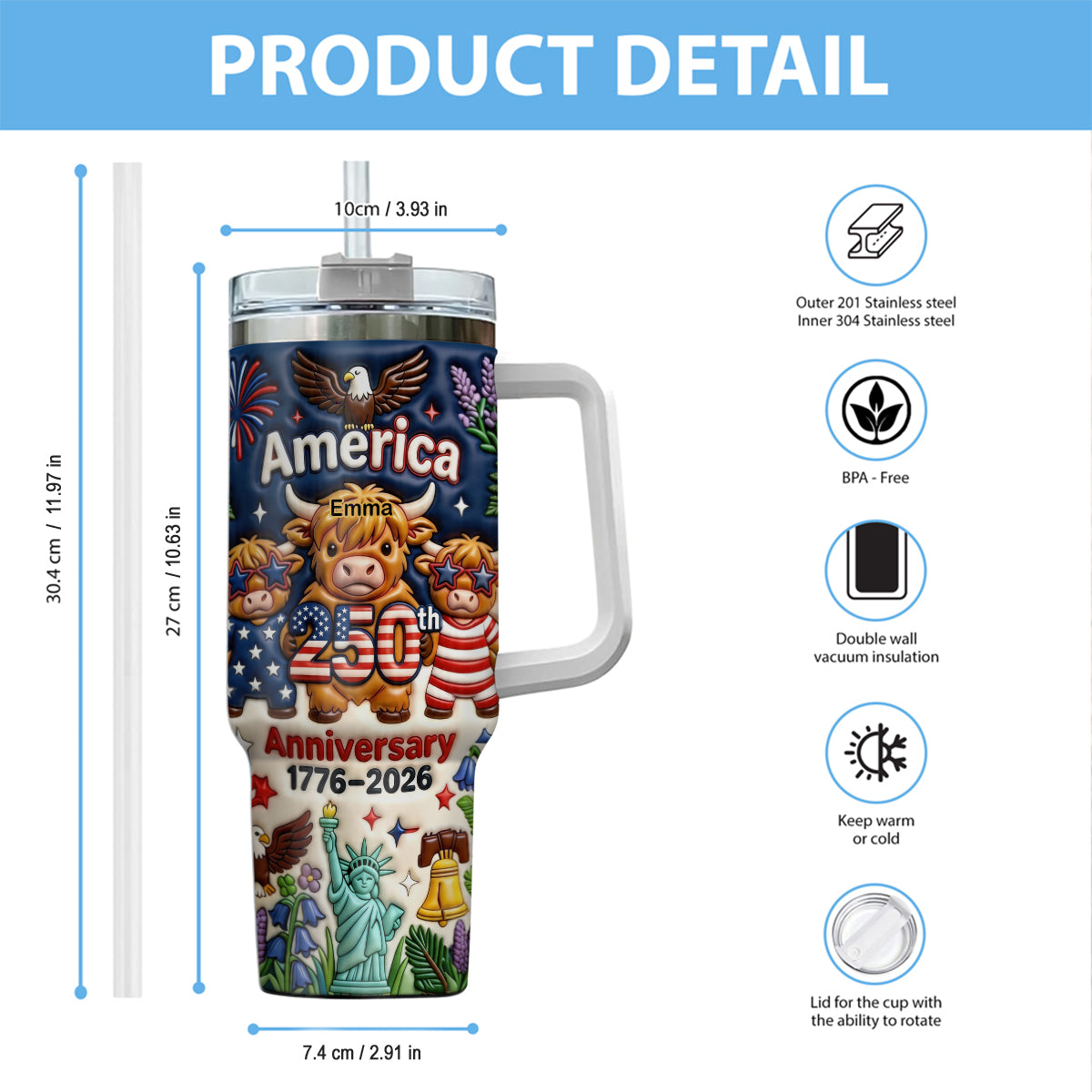 Niedliche Highland Cow Amerika 250. Jubiläum - Personalisierter Highland Cow Becher mit Griff