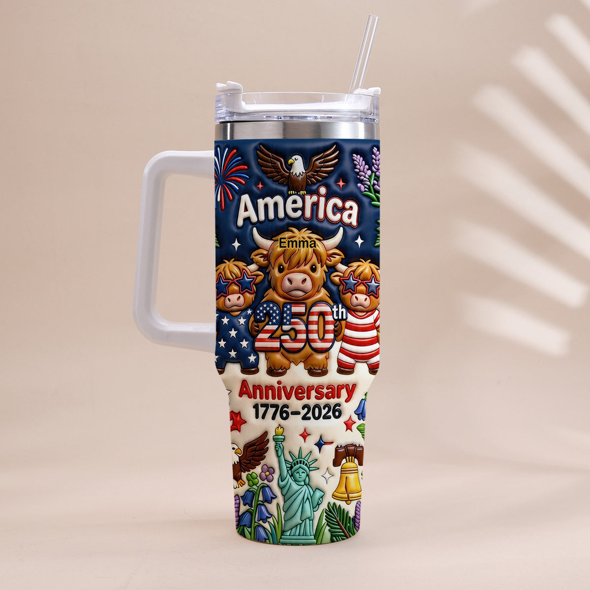 Niedliche Highland Cow Amerika 250. Jubiläum - Personalisierter Highland Cow Becher mit Griff