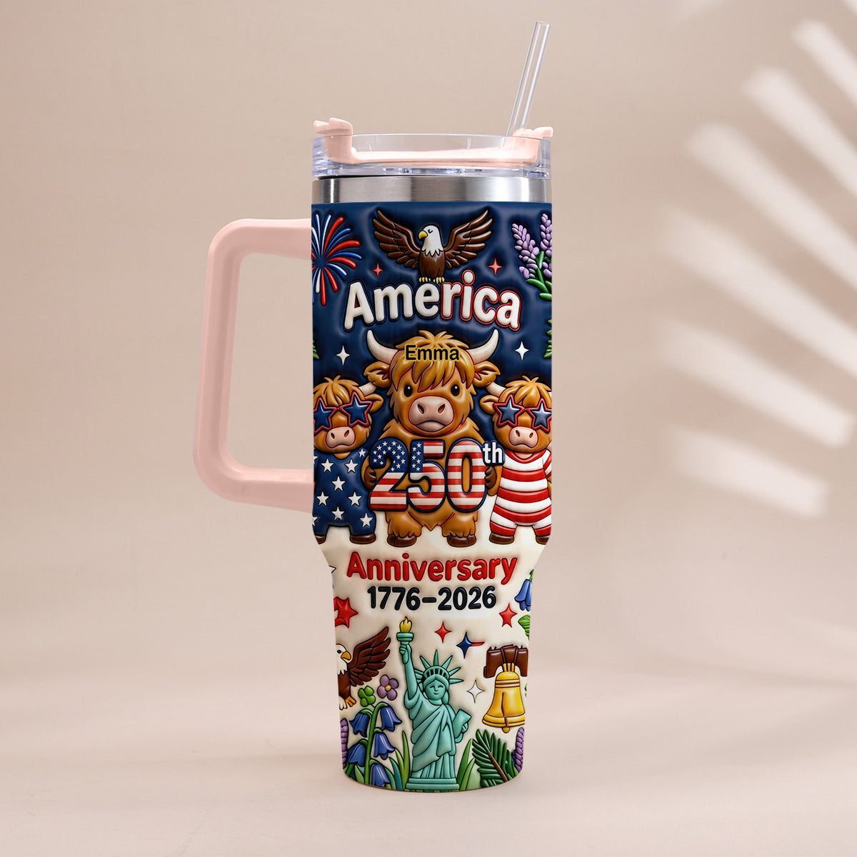 Niedliche Highland Cow Amerika 250. Jubiläum - Personalisierter Highland Cow Becher mit Griff