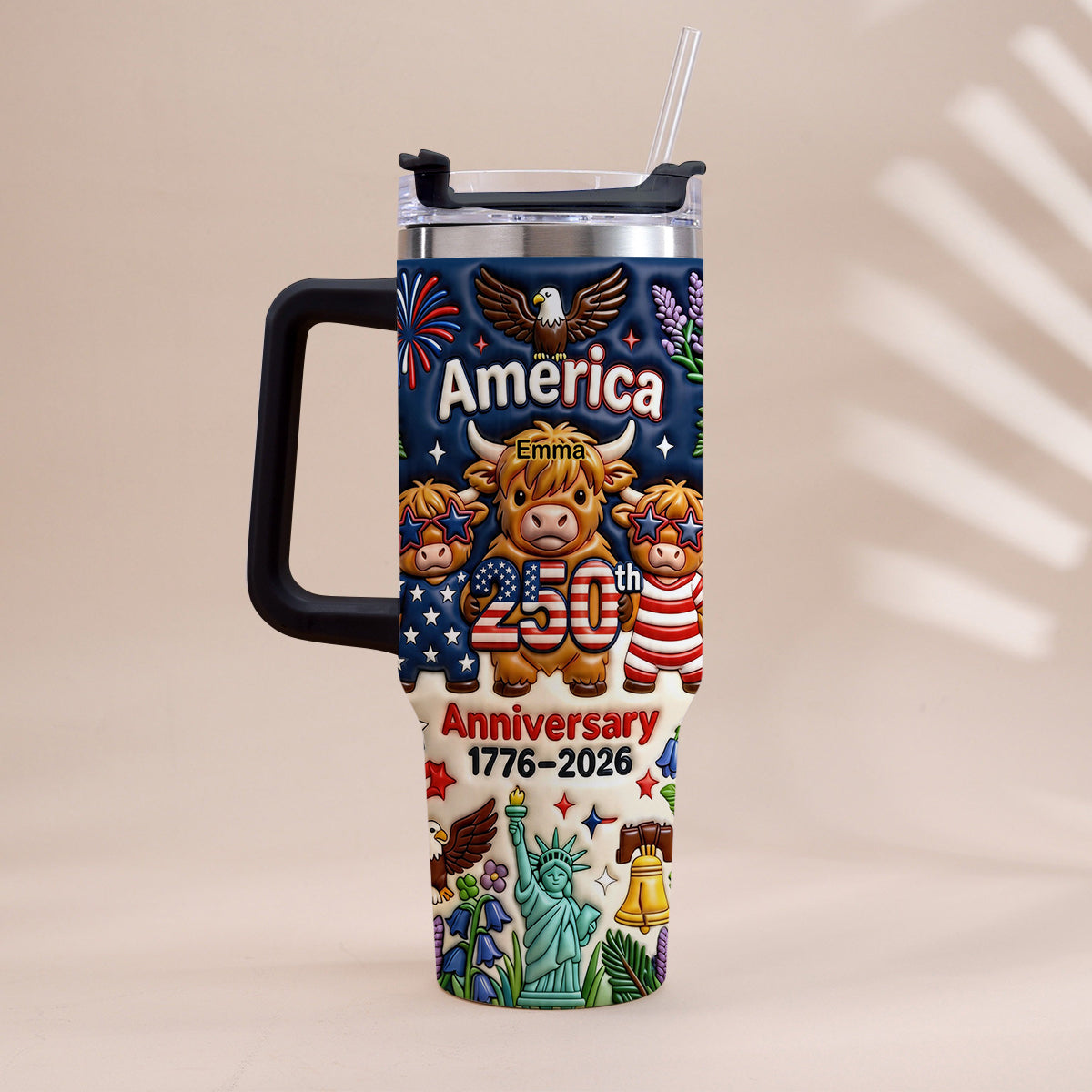 Niedliche Highland Cow Amerika 250. Jubiläum - Personalisierter Highland Cow Becher mit Griff
