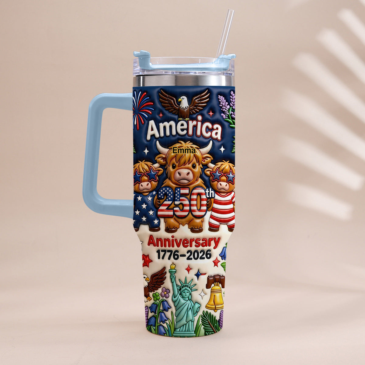 Niedliche Highland Cow Amerika 250. Jubiläum - Personalisierter Highland Cow Becher mit Griff