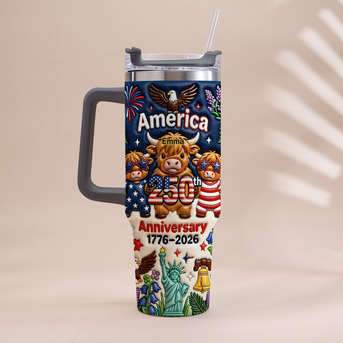Niedliche Highland Cow Amerika 250. Jubiläum - Personalisierter Highland Cow Becher mit Griff