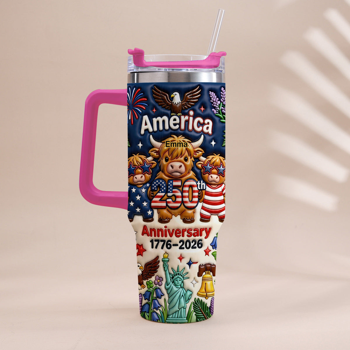 Niedliche Highland Cow Amerika 250. Jubiläum - Personalisierter Highland Cow Becher mit Griff