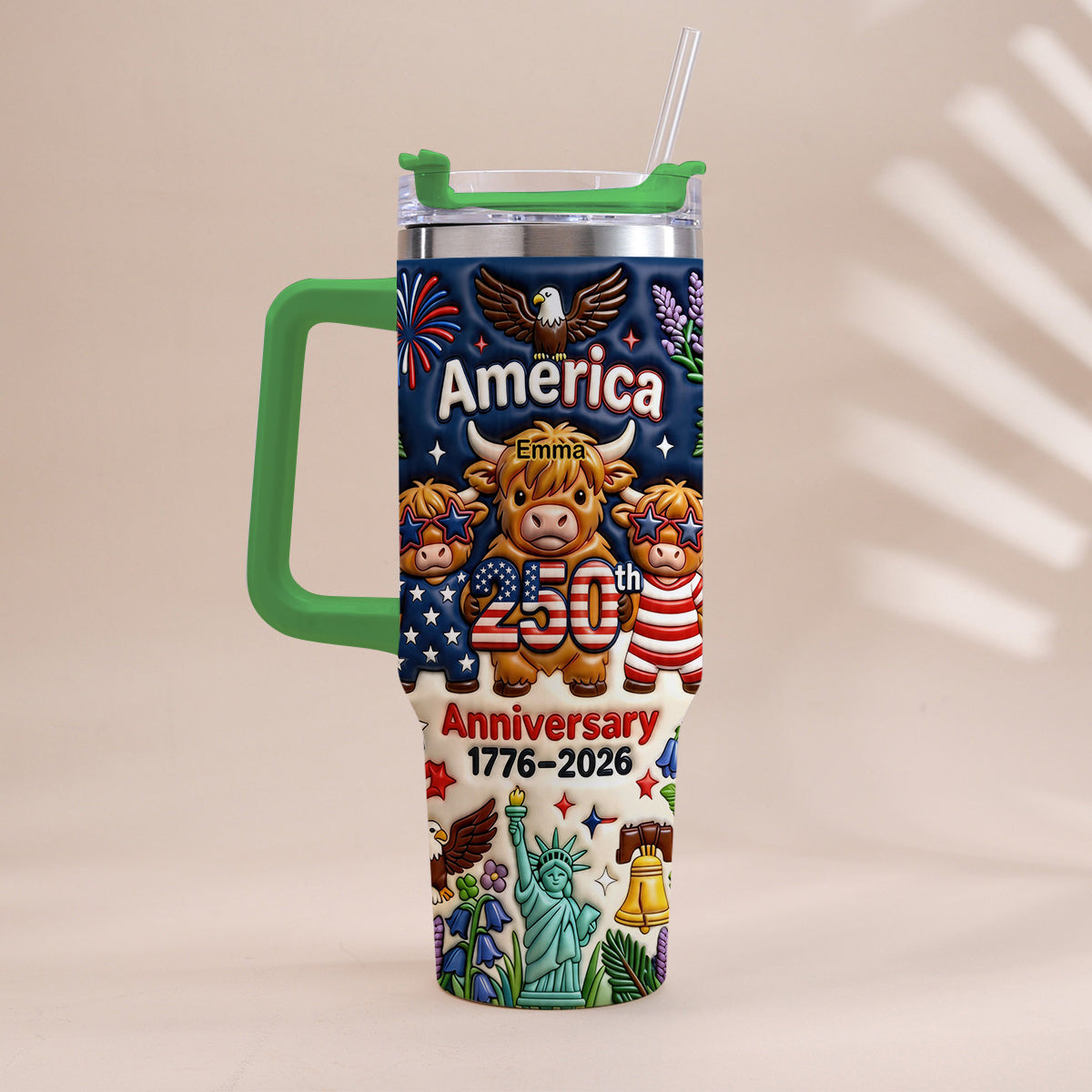 Niedliche Highland Cow Amerika 250. Jubiläum - Personalisierter Highland Cow Becher mit Griff