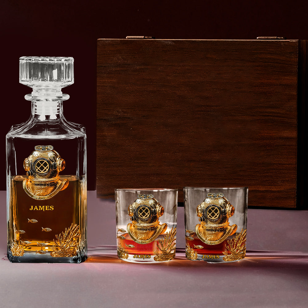 Geschenkidee für Tauchbegeisterte – Personalisiertes Whisky-Dekanter-Set zum Thema Tauchen