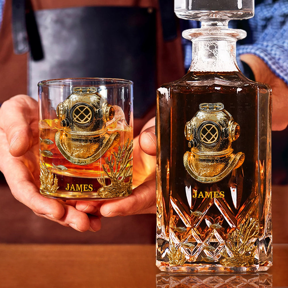 Geschenkidee für Tauchbegeisterte – Personalisiertes Whisky-Dekanter-Set zum Thema Tauchen