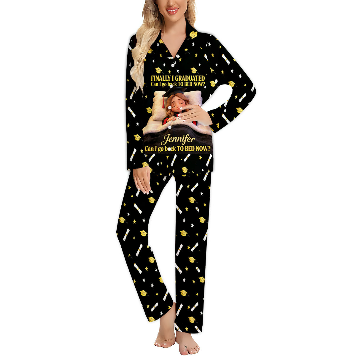 Kann ich jetzt ins Bett gehen - Personalisierte Abschlussknopf-Pyjamas