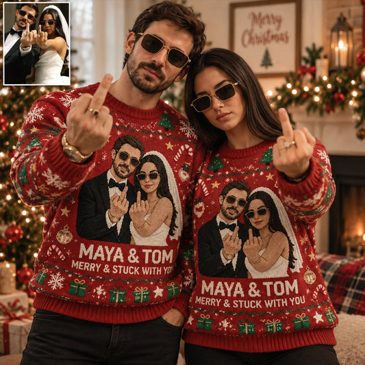 Funny Couple Christmas Ugly Sweater - Personalized Couple Ugly Sweater