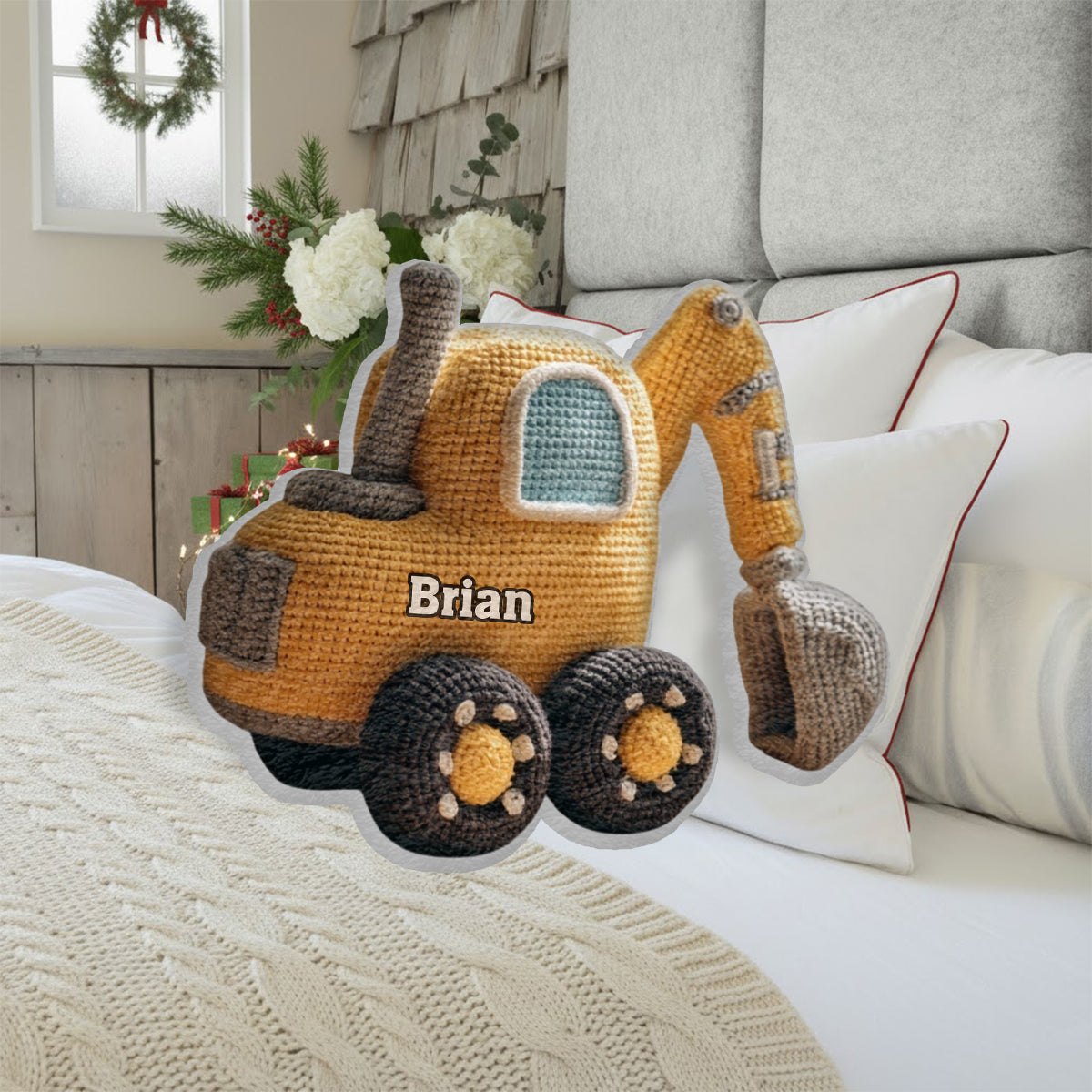 Construction Machine - Personalized Kid Faux Fur Shaped Pillow