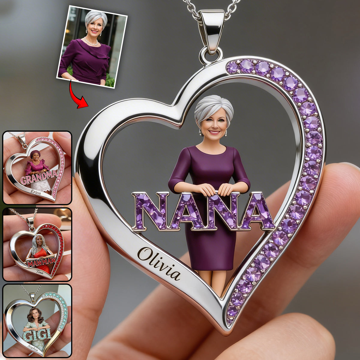 Custom Any Photo Gift For Grandma/Mom - Personalized Grandma Shaped Metal Pendant Necklace