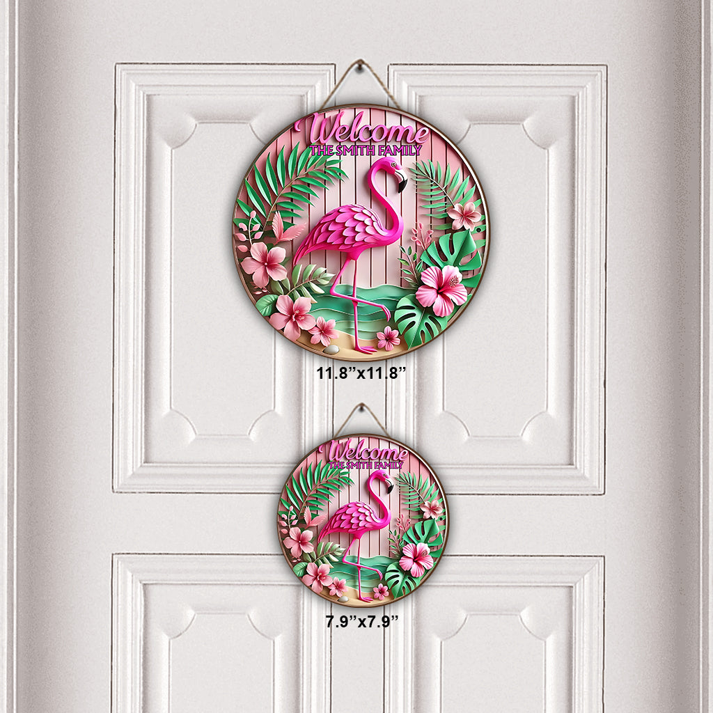 Welcome - Personalized Flamingo Round Wood Sign