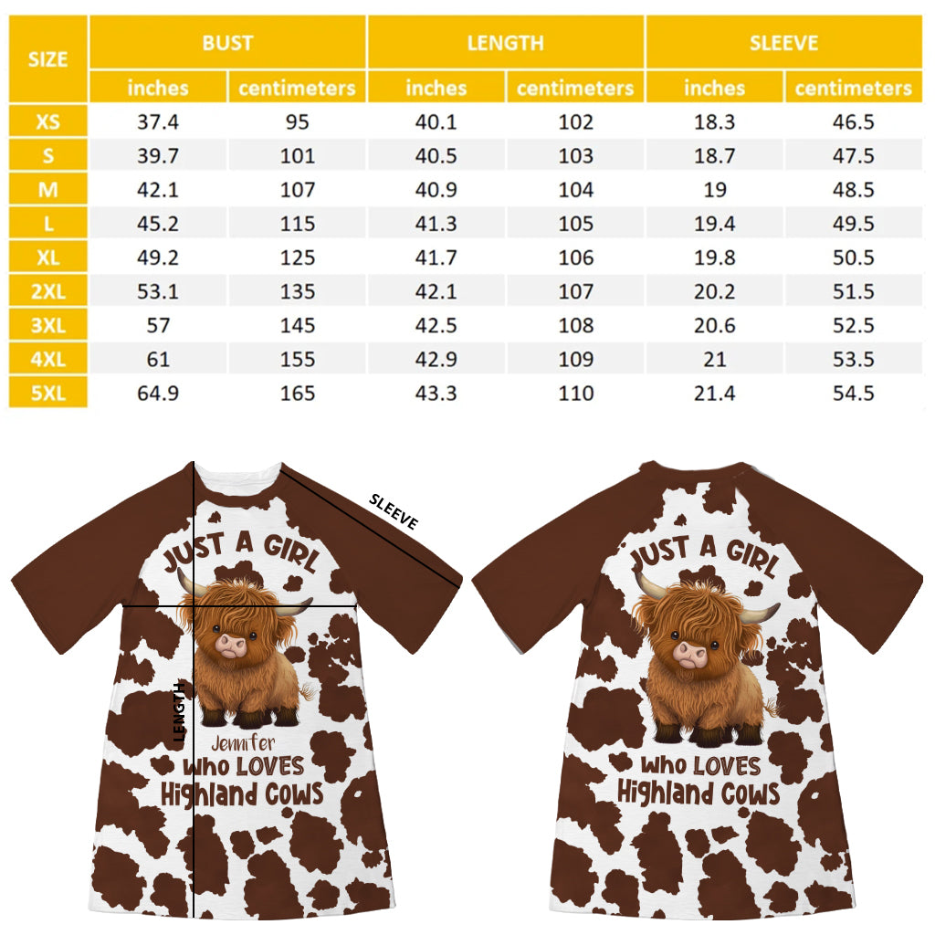 Juste une fille qui aime les vaches des Highlands - Robe-t-shirt de nuit personnalisée avec motif vache des Highlands