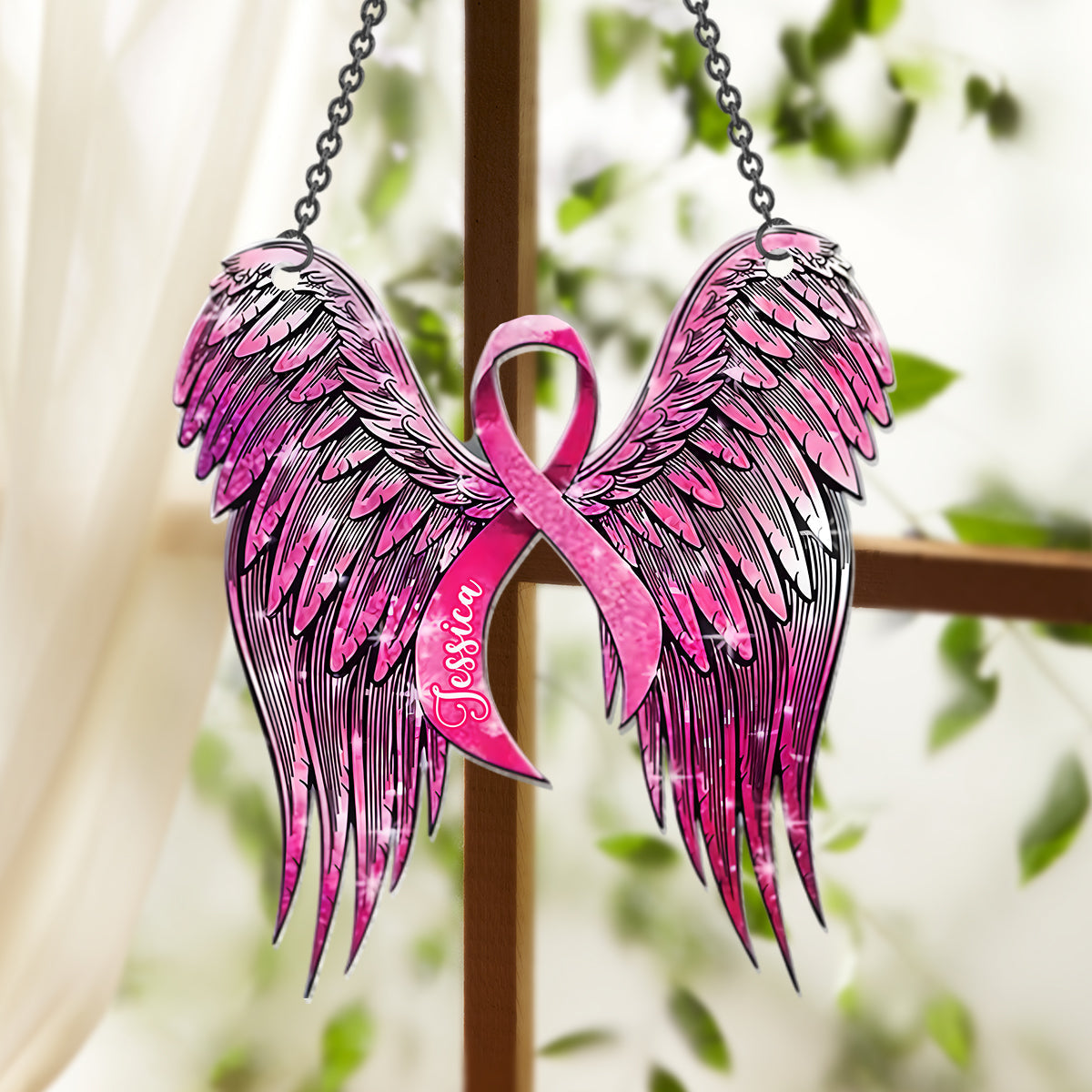 Breast Cancer Awareness - Support Pink Ribbon Angel Wing - Personalized Breast Cancer Awareness Window Hanging Suncatcher Ornament
