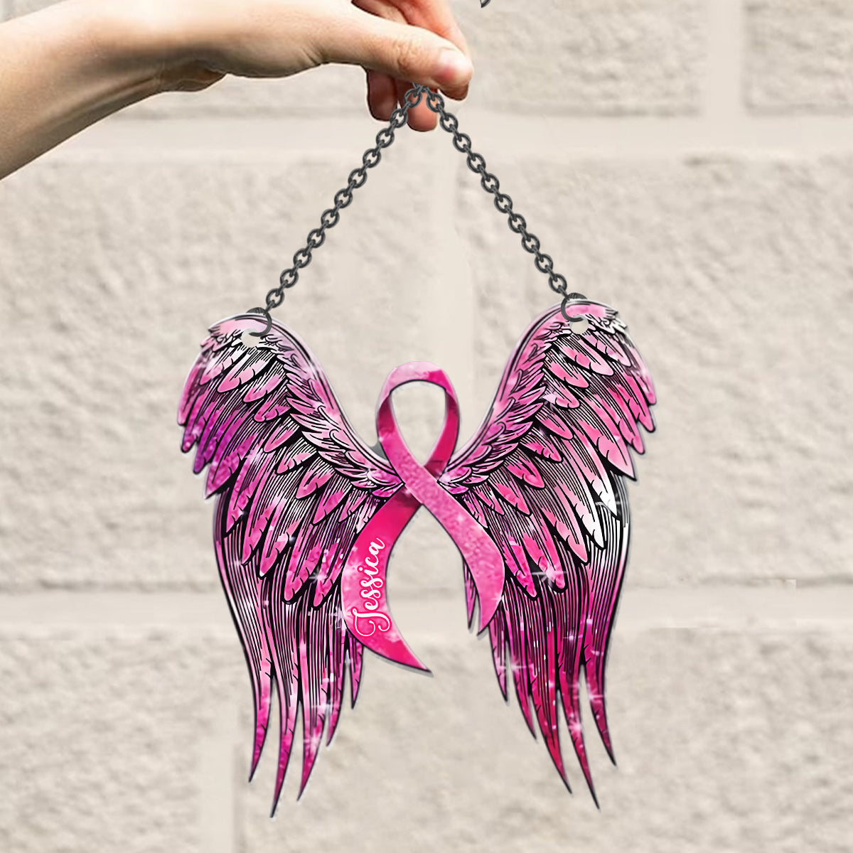 Breast Cancer Awareness - Support Pink Ribbon Angel Wing - Personalized Breast Cancer Awareness Window Hanging Suncatcher Ornament