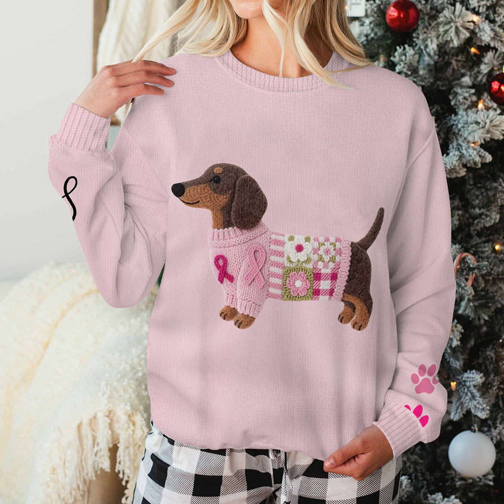 Pink Dachshund Knit - Personalized Breast Cancer Awareness Ugly Sweater