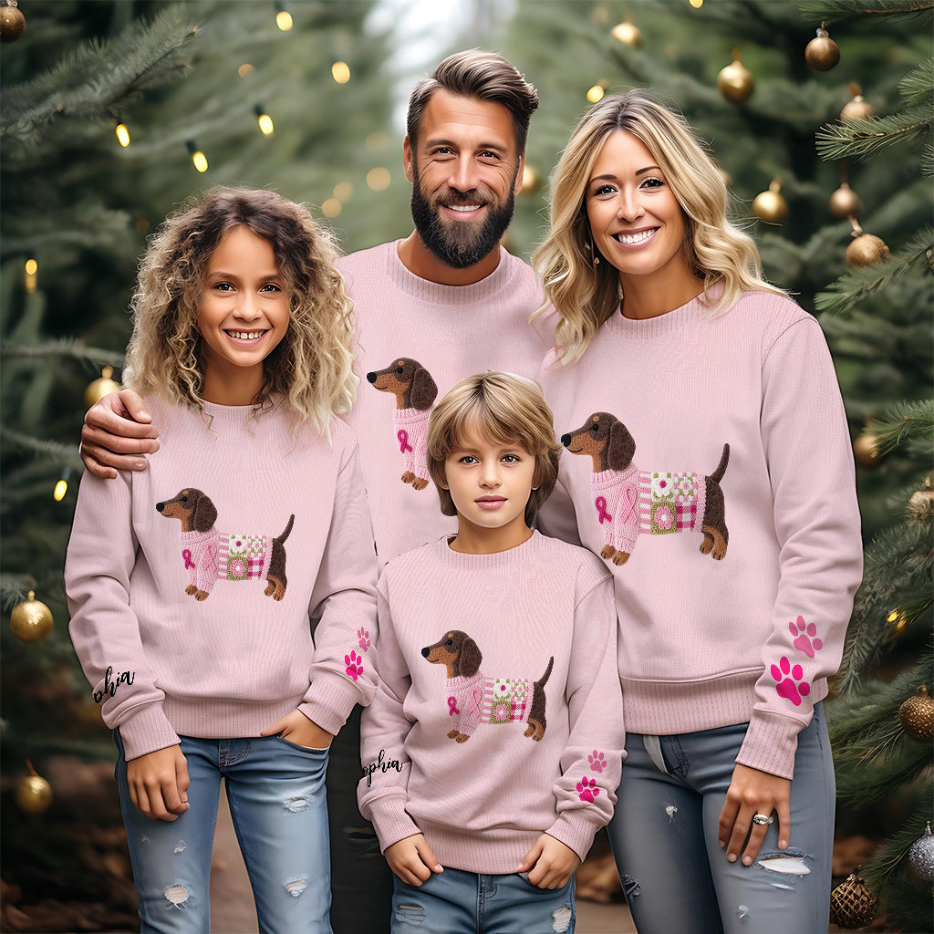 Pink Dachshund Knit - Personalized Breast Cancer Awareness Ugly Sweater