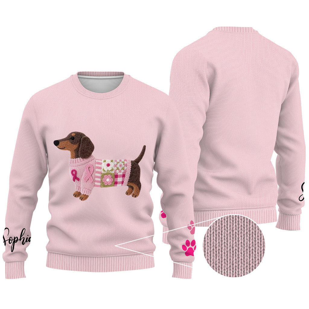 Pink Dachshund Knit - Personalized Breast Cancer Awareness Ugly Sweater
