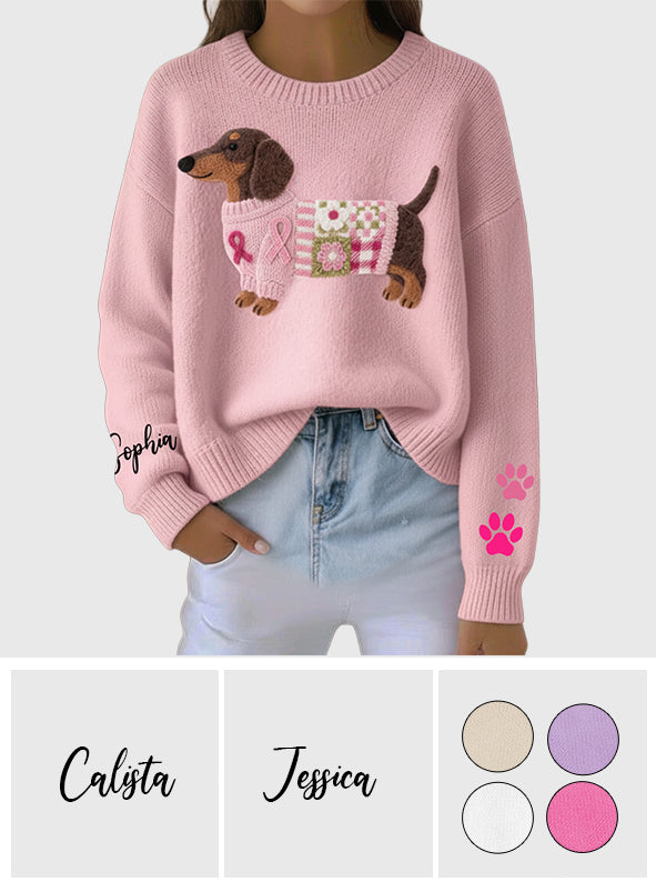 Pink Dachshund Knit - Personalized Breast Cancer Awareness Ugly Sweater